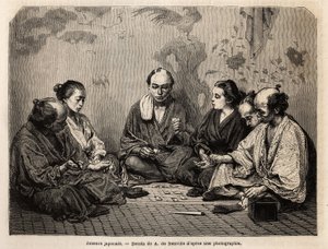 Giocatori giapponesi nel mezzo delle carte. Incisione per illustrare il Giappone, racconto di viaggio di Aime Humbert, ministro della Confederazione Svizzera, nel 1863-1864, pubblicato in “Le tour du monde, nouveau journal des voyages”, sotto la direzione  da Unknown artist