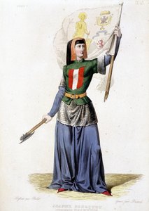 Jeanne Laisné, conosciuta come Jeanne Fourquet, soprannominata Jeanne Hachette, eroina francese (1456?). Incisione del 1835 da Unknown artist