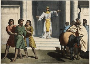 Giuseppe tiene Simeone in ostaggio: Giuseppe il Patriarca chiede ai suoi fratelli di presentargli il giovane Beniamino e tiene Simeone in ostaggio in attesa del loro ritorno. Incisione anonima della metà del XIX secolo da Unknown artist