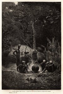 Kanak che cucinano nei boschi, nel territorio di Pamale. Incisione per illustrare il viaggio in Nuova Caledonia, di Jules Garnier, ingegnere civile delle miniere, nel 1863-1866, pubblicato in 