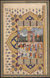 Il re Luhrasp sale al trono: una processione arriva a corte, recto del foglio sinistro di una composizione a doppia pagina da uno Shahnama (Libro dei Re) di Firdausi (940-1019 o 1025) da Unknown artist