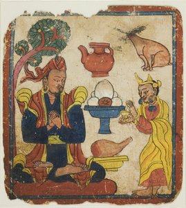 Re Mangkur nutrito dalla regina Devika, da un set di carte iniziatiche (Tsakali) da Unknown artist