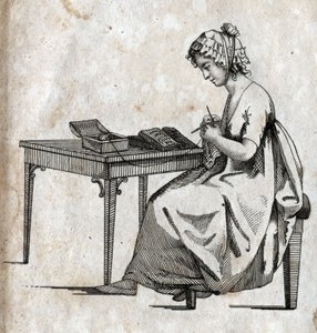 Macchina per maglieria: donna impegnata a lavorare a maglia (maglieria). Incisione fine XVIII secolo. Collezione privata.