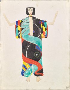 Studio di costume in pantaloni kimono per la rappresentazione di "Der Mantel der Liebe" di Julius Bittner nel teatro giardino dell