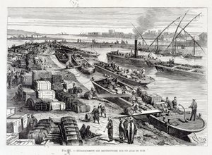 Sbarco di merci su un molo nel Canale di Suez da Unknown artist