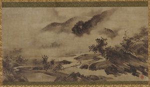 Paesaggio: montagne, nebbia e ruscello da Unknown artist