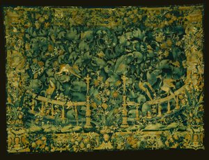 Verdure a foglie larghe con balaustra e uccelli da Unknown artist