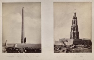 A sinistra: [La colonna di Ashoka spostata nella posizione attuale da Feroz Shah]. A destra: Monumento commemorativo dei soldati britannici nel 1859