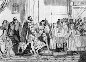 Leonardo da Vinci morente tra le braccia di Francesco I (1494 - 1547) nel 1519 a Clos Lucé. Incisione