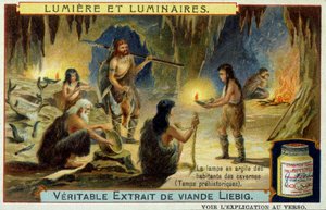 Luce e lampade: la lampada di argilla degli abitanti delle caverne durante i tempi preistorici. Illustrazione su confezioni Liebig. da Unknown artist