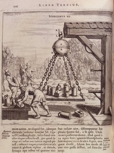 Caricamento delle emisperi di Magdeburgo sospese - in "Ottonis de Guericke: Experimenta Nova Magdeburgica de vacuo spatio" di Otto von Guericke da Unknown artist