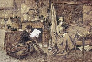 Madame imbronciata, coppia, lui legge il giornale e lei è seduta sul divano ed è offesa da Unknown artist