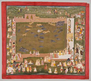 Maharana Sangram Singh II di Mewar (r. 1710-34) organizza una caccia al cinghiale con tigri a Sadri da Unknown artist