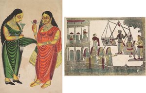 Cameriera porta un narghilè a una signora (recto); Krishna pesato contro oggetti preziosi (?) (verso) da Unknown artist