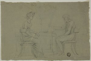 Uomo e donna seduti al tavolo da Unknown artist