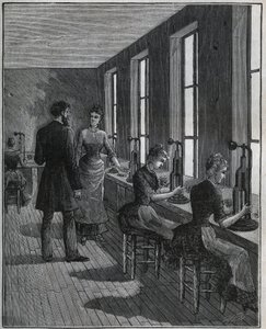 Fabbricazione di piume di metallo: officina di découpage in Francia nel XIX secolo. Incisione del 1885 in "Les arts et métiers illustrés" di Adolphe Bitard.