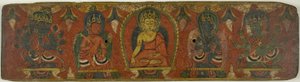 Copertina di manoscritto con Buddha, due Bodhisattva e due divinità protettrici (Lokapala)