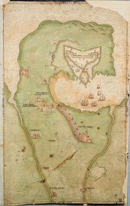 Mappa di Smerwick, Irlanda, che mostra il terrapieno inglese con due cannoni per attaccare il forte spagnolo e soldati inglesi che marciano fuori da Castell More da Unknown artist