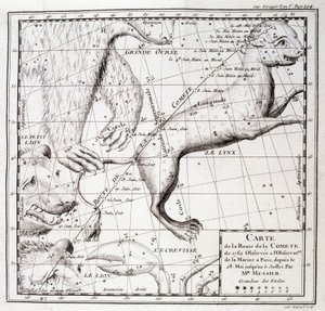 Mappa del percorso della cometa del 1762 e mappa del cielo, osservata da Messier - incisione