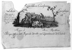 Mappa della Repubblica Cisalpina (Cisalpina), creata da Napoleone Bonaparte il 27/06/1797 sul modello francese in Italia, che divenne la Repubblica Italiana nel 1802. I valori della Repubblica Francese sono sanciti in essa (Libertà, Uguaglianza). Incisione da Unknown artist