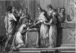 Matrimonio di Sigeberto I (535-575), Re di Austrasia e Brunehaut (o Brunechilde, 543-613), 566. Incisione del XVIII secolo da Unknown artist