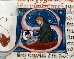 Medicina: persona malata che guarisce a casa (dettaglio). Pagina di manoscritto Trattato di Galeno tradotto da Nicola da Reggio. XIV secolo Cesena, Biblioteca Malatestiana