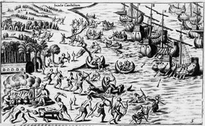 Incontro tra il popolo di Cristoforo Colombo e i Cannibali - in "Nova Tipus Transacto Navigatio Novi Orbi" di Philoponus Honorius
