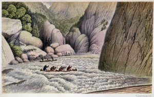Uomini in canoa che scendono le rapide: "Una fuga alla quarta rapida" - in "Esplorazione della penisola del Labrador" di Hind, Londra da Unknown artist