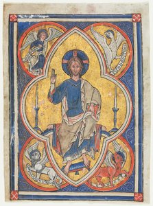 Miniatura ritagliata da un salterio: Cristo in maestà con i simboli dei quattro evangelisti da Unknown artist