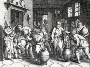 Miracolo di Eliseo, profeta biblico e discepolo di Elia che, con il suo mantello, gli trasmette il suo spirito e i suoi poteri. Incisione del 1724. da Unknown artist