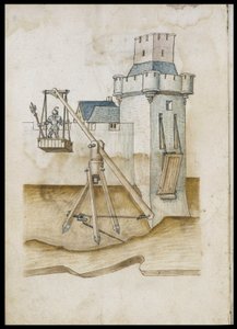 Sistema di passaggio del fossato a leva - Manoscritto: foglio di pergamena di un manuale di ingegneria per la costruzione di edifici civili, religiosi e militari, anonimo, fine XV secolo da Unknown artist