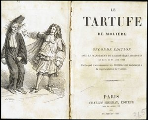 Molière che spaventa un ecclesiastico usando una maschera teatrale - Frontespizio di "Tartuffe" di Molière, ed. Hingray, Parigi da Unknown artist