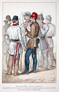 Montanari (1848), un gruppo di combattenti, uno dei quali indossa il berretto frigio e la coccarda rivoluzionaria. Acquaforte a colori, riproduzione di un disegno eseguito su richiesta di Alexandre Ledru-Rollin (Ledru Rollin) (1807-1874) nel cortile del da Unknown artist