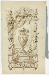 Vaso monumentale in cornice ornamentale (recto); schizzo di uomo in piedi con parasole e pappagallo e studi architettonici (verso) da Unknown artist
