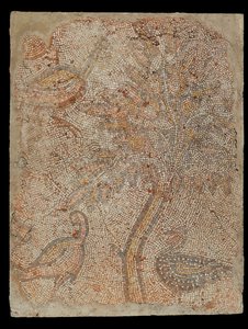 Frammento di mosaico con tre uccelli e un albero da Unknown artist