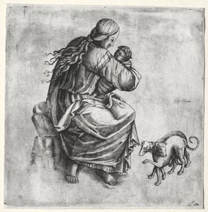 Madre e figlio con due cani da Unknown artist