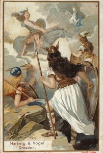 Mitologia nordica: Le Valchirie (vergini guerriere) in Valhalla e la caduta dei guerrieri in battaglia. Cromolitografia del XIX secolo