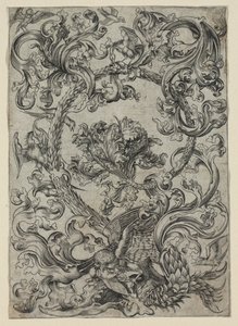 Fogliame ornamentale, con un gufo e altri uccelli