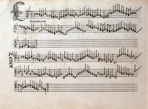 Pagina di spartito musicale di Harmonice Musices Odhecaton di Ottaviano Petrucci (1501) da Unknown artist