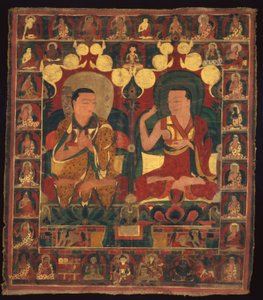 Stendardo dipinto (Thangka) del lignaggio di due Lama in dibattito