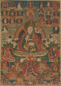 Stendardo dipinto (Thangka) del saggio Guru Padmasambhava seduto che regge un fulmine (Vajra) e una coppa cranica (Kapala)