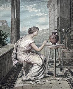 Pittore, artista, giovane donna greca che dipinge un vaso, riproduzione digitale di un