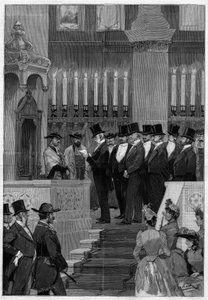 Parigi 1890: Installazione di Zadoc Kahn (1839-1905) gran rabbino di Francia. Monsieur Alphonse de Rothschild (1827-1905) legge l