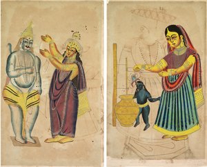 Parvati mette una ghirlanda nuziale su Shiva (recto); Yasoda che sbatte il burro (verso) da Unknown artist