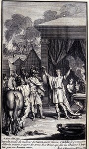 Patroclo, toccato dalla sventura dei Greci, avendo ottenuto il permesso da Achille di andare a soccorrerli, si copre con le armi di questo principe, che fa libagioni a Giove per il suo felice ritorno. Illustrazione del libro XVI dell