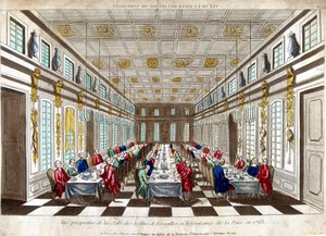 Veduta prospettica della Salle des Festins di Versailles in celebrazione della pace nel 1763 tra Gran Bretagna, Francia e Spagna da Unknown artist