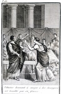 Pillacus che dà cena agli stranieri è turbato dalla moglie. da Unknown artist