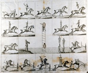 Tavola di 19 stampe raffiguranti le prodezze del voltigeur inglese Mr Price. Circa 1790. da Unknown artist