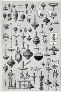 Tavola che mostra una collezione di filatori con diverse forme e sistemi di rotazione. Incisione in "La Nature" da Unknown artist