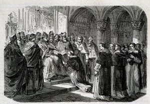 Papa Adriano II (792-872) consegnò a uno dei suoi legati una bolla di scomunica contro il Signore Normanno. Incisione - in "Storia dei Papi", sd. XIX secolo da Unknown artist